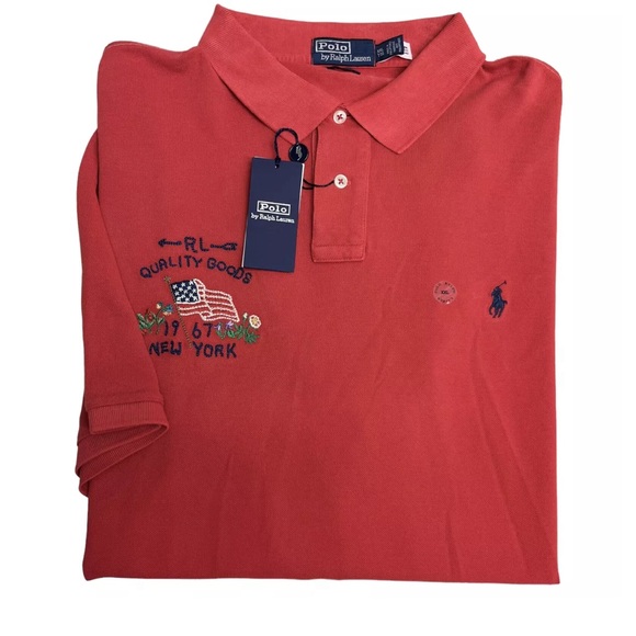 NWT Polo Ralph Lauren Red EMBROIDERED FLAG 1967 NEW YORK Shirt Men's M RED PONY - Picture 1 of 3